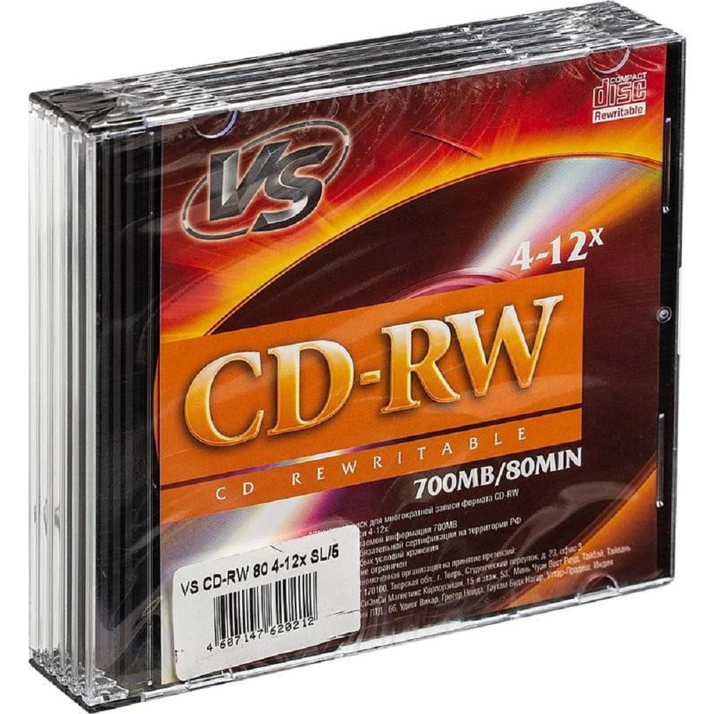 картинка Диск CD-RW VS 700 Mb 12x Slim Case (5 шт.) (VSCDRWSL501) от магазина бытовой техники и электроники «Тантал»