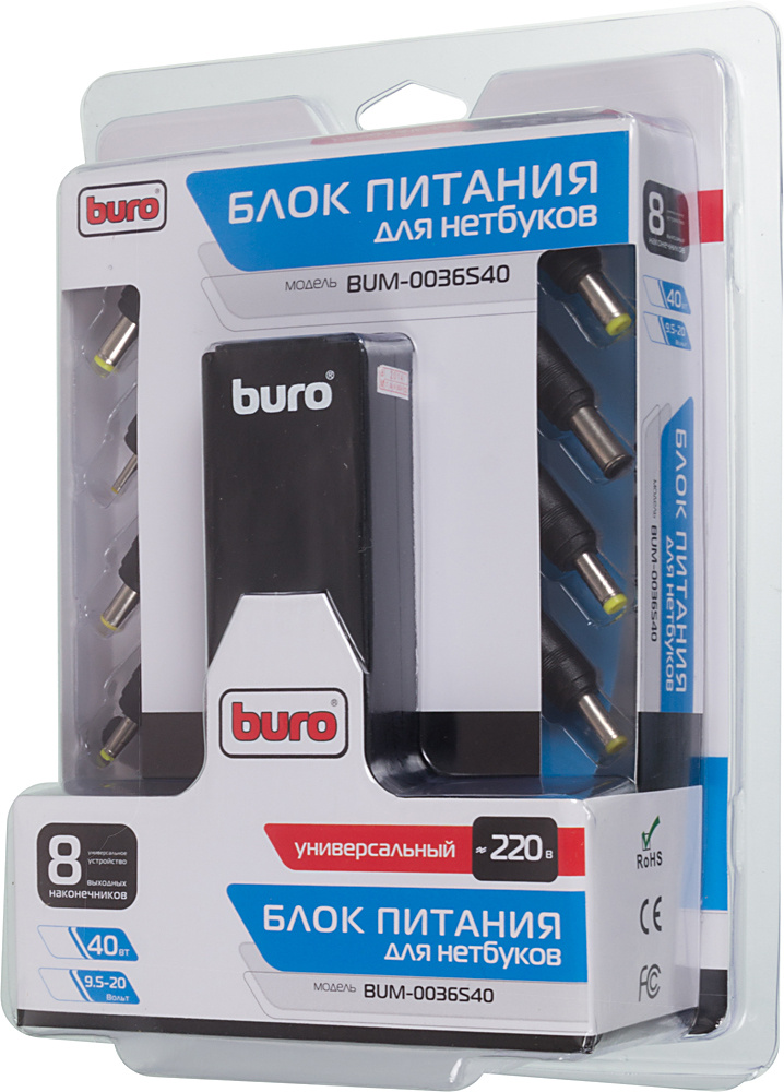 картинка Блок питания Buro BUM-0036S40 автоматический 40W 9.5V-20V 8-connectors от бытовой электросети LED индикатор от магазина бытовой техники и электроники «Тантал»
